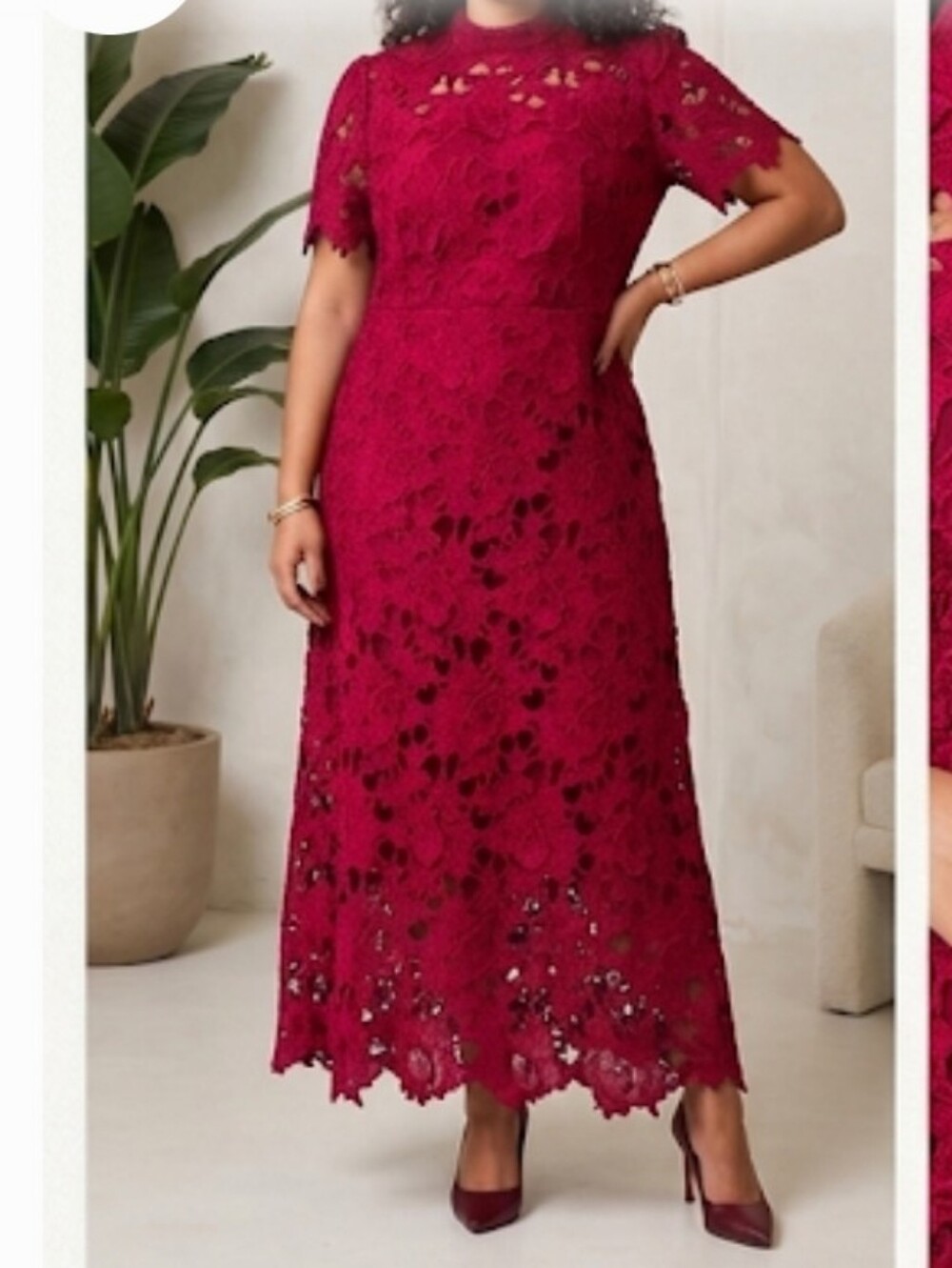 Anewsta Long burgundy-red evening dress in textured guipure lace, size L.